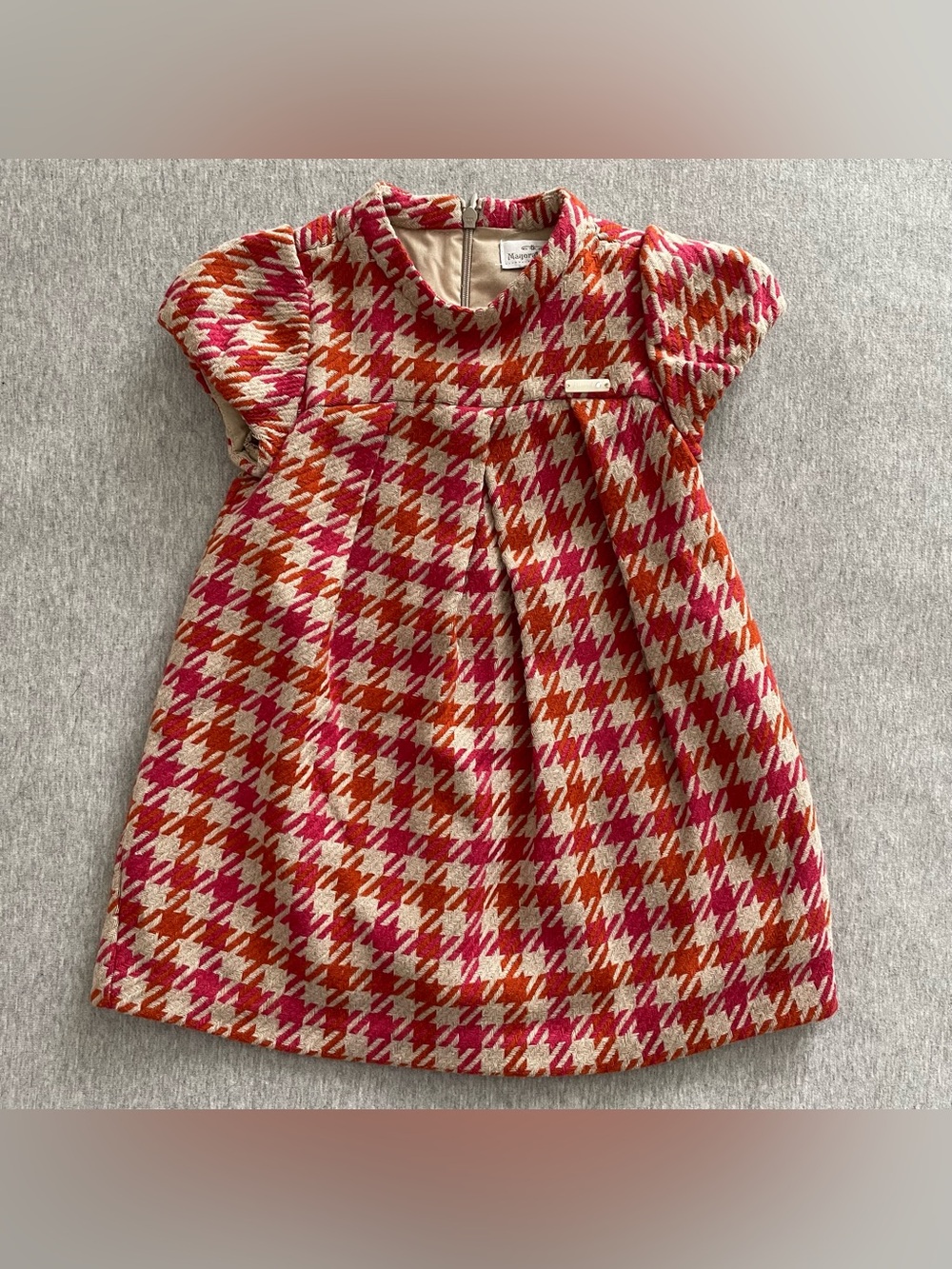 Mayoral Chic 18 Month Pink, Orange & Tan Houndstooth A-line Line Dress